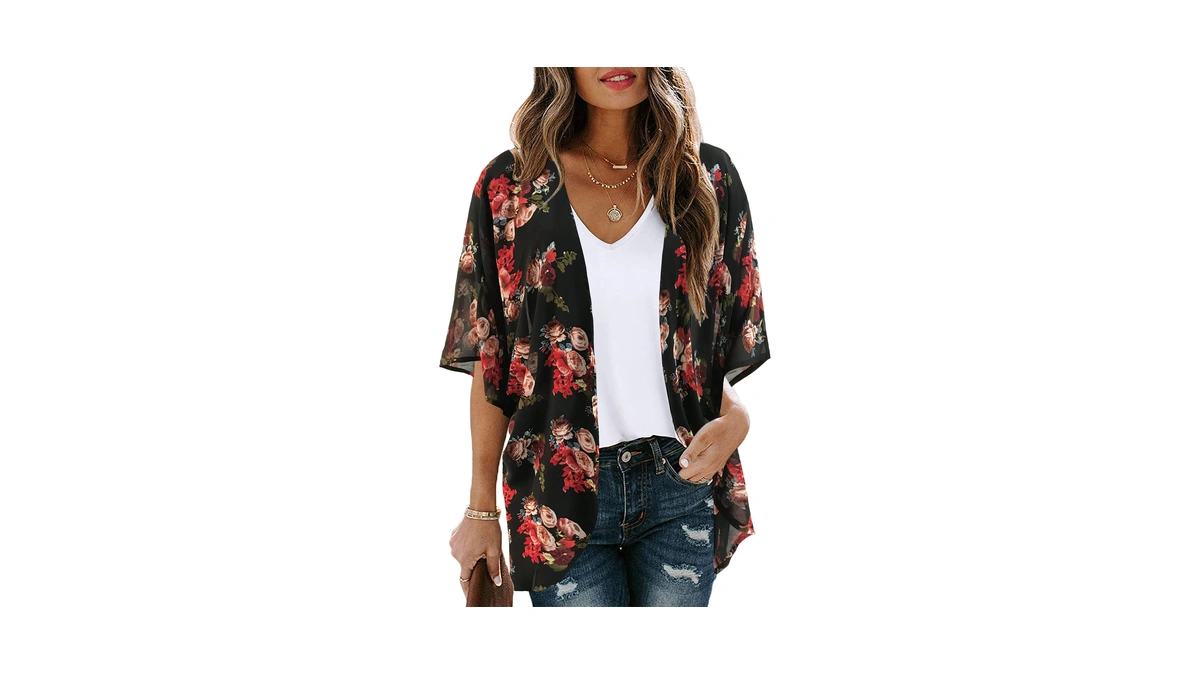 Women's Floral Print Puff Sleeve Kimono Cardigan Loose Cover Up