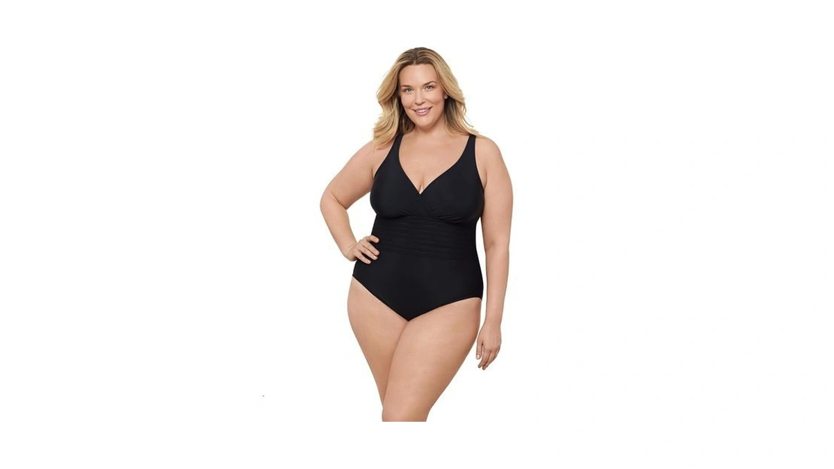 Aqua Green Women's Surplice Trim Overlay One Piece, Black, 1x