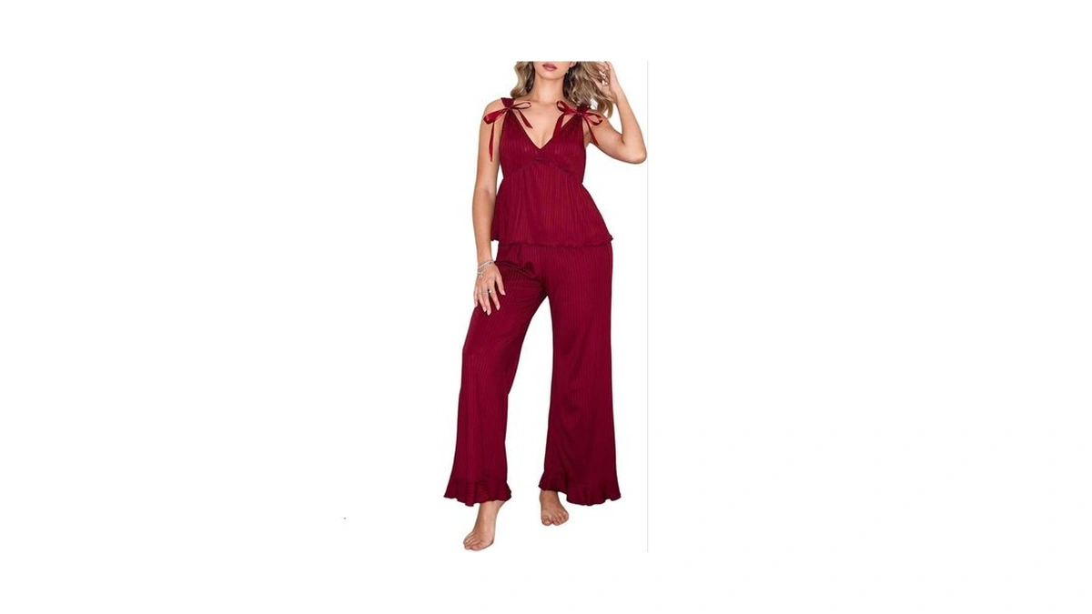 Oyoangle Women's Two Piece Cute Bow Tie Pajama Set Deep