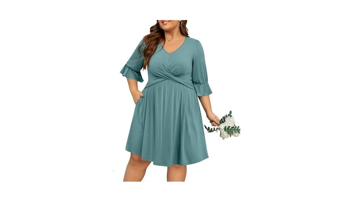 Manllenshie Women's Plus Size 2 Pockets Dresses 3/4 Ruffle Sleeve