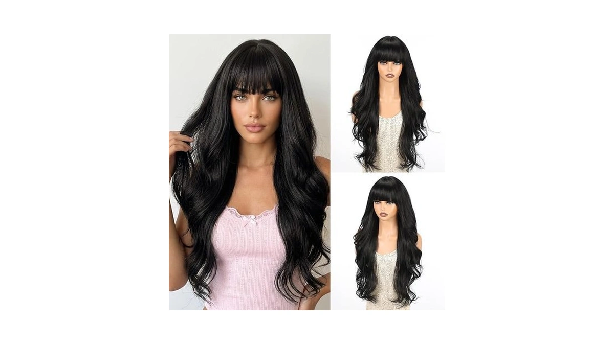 Topshe Natural Black Wavy Wig With Bangs, 28 Inch Layered