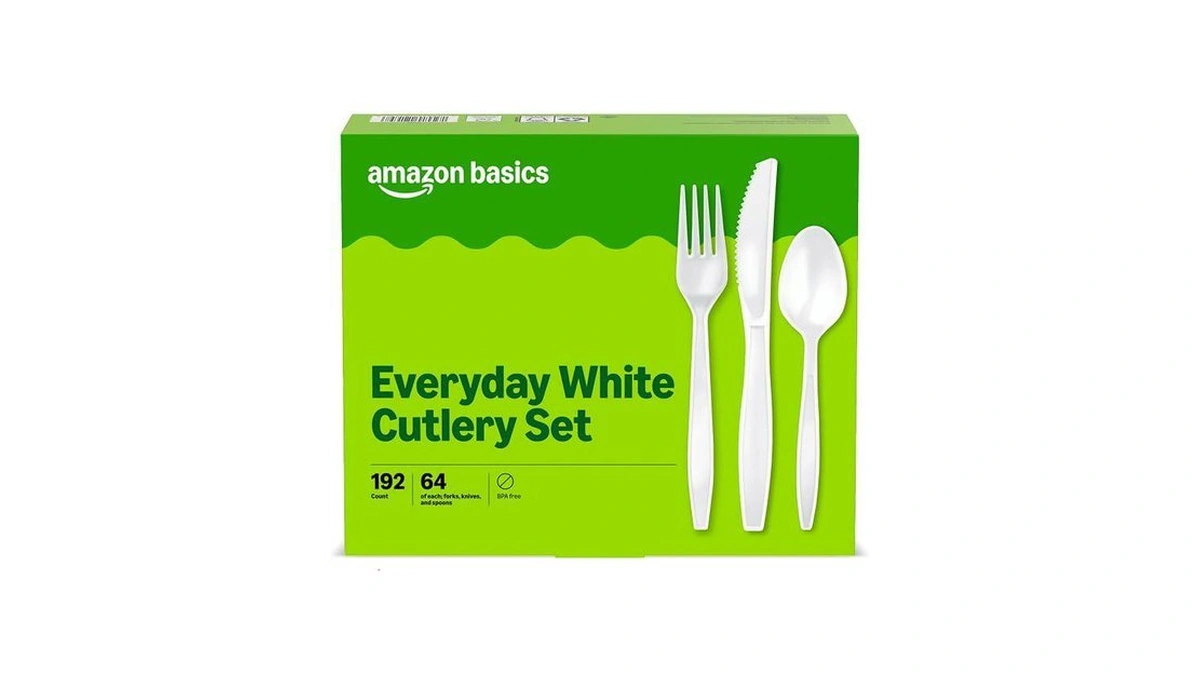 Amazon Basics Disposable Everyday White Assorted Cutlery Set, 192 Count,