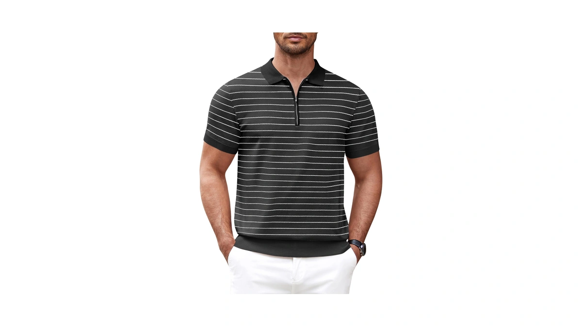 Coofandy Mens Quarter Zip Polo T Shirt Vintage Striped Lightweight