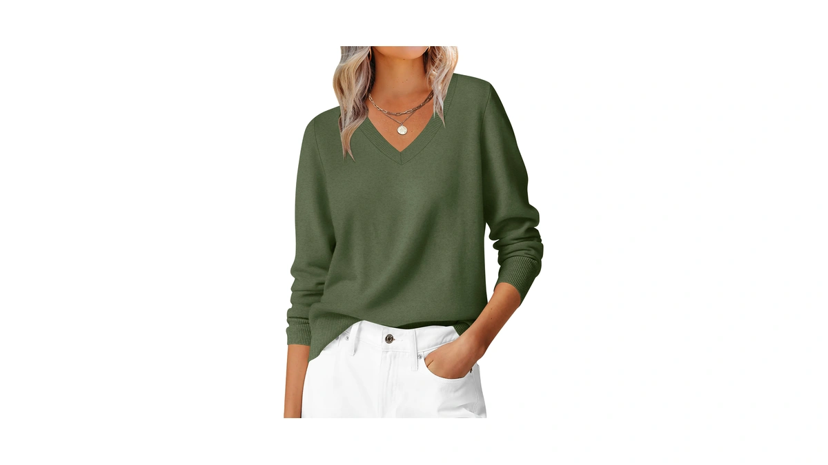 Anrabess Women’s Long Sleeve V Neck Basic Sweaters,army Green,l