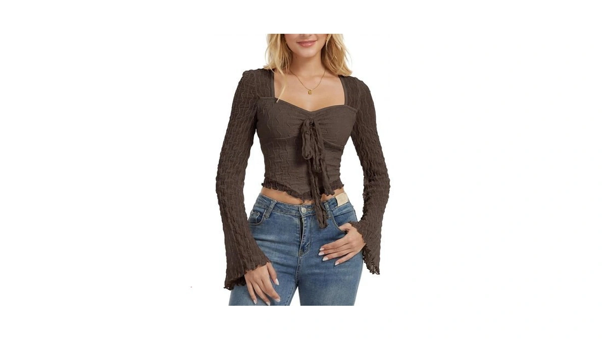Simlakey Women's Long Bell Sleeve Top Casual Mesh Crop Top