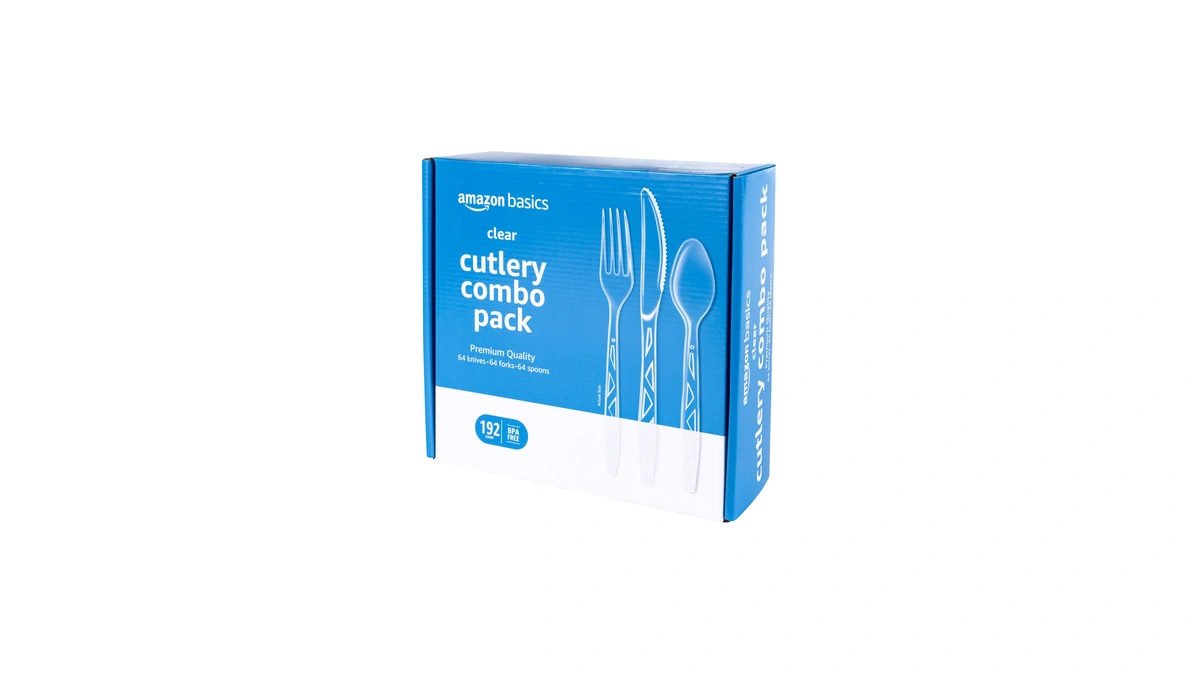 Amazon Basics Disposable Clear Plastic Cutlery Set, Premium Quality, Strong,