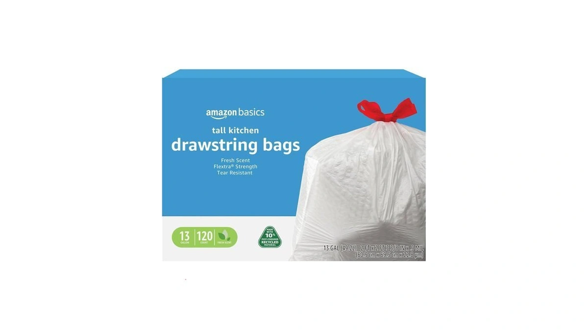 Amazon Basics 13 Gallon Tall Kitchen Drawstring Trash Bags, Flextra