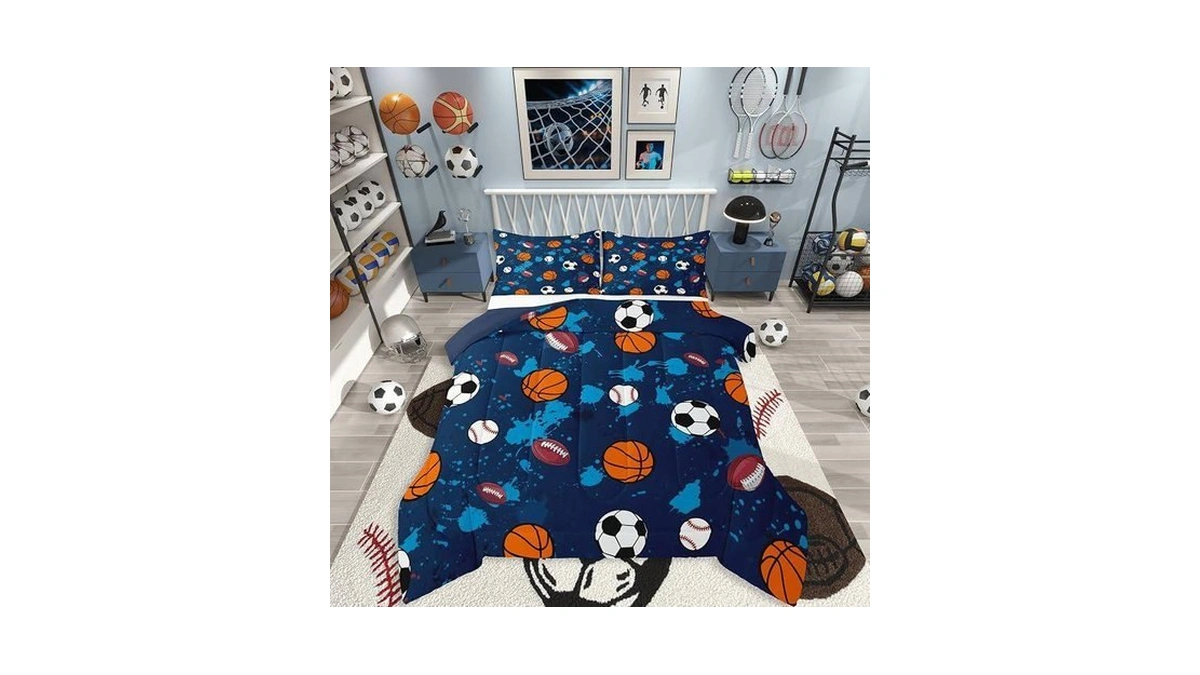 Jejeloiu Ball Games Comforter Set All Season Soccer Basketball Baseball