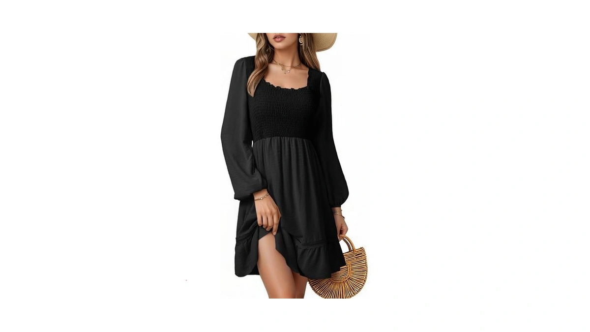 Dokotoo Women's Casual Square Neck Smocked Dress Shirred Ruffle Long