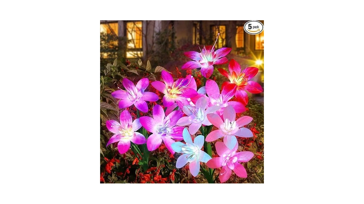 Aukora Solar Garden Lights, 5 Pack Lily Flower Waterproof, 7-color