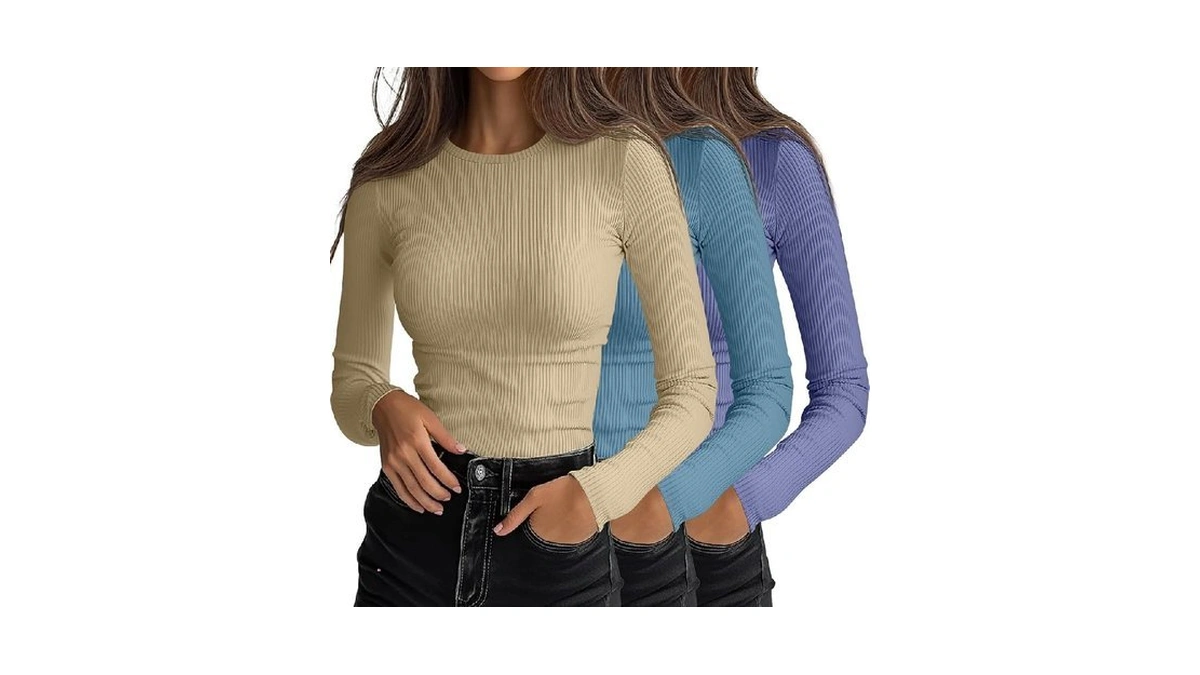 Ficerd 3 Pack Women's Ribbed Long Sleeve Tops, Crew Neck