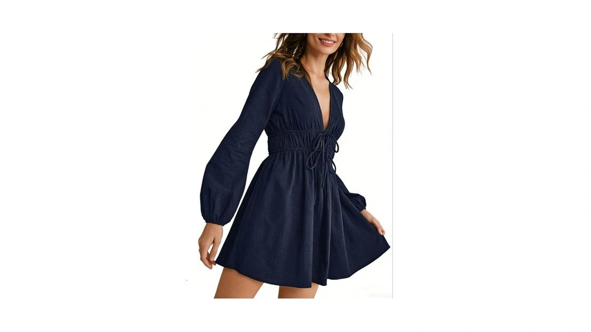 Oyoangle Women's Deep V Neck Ruched Flared Dress Tie Front