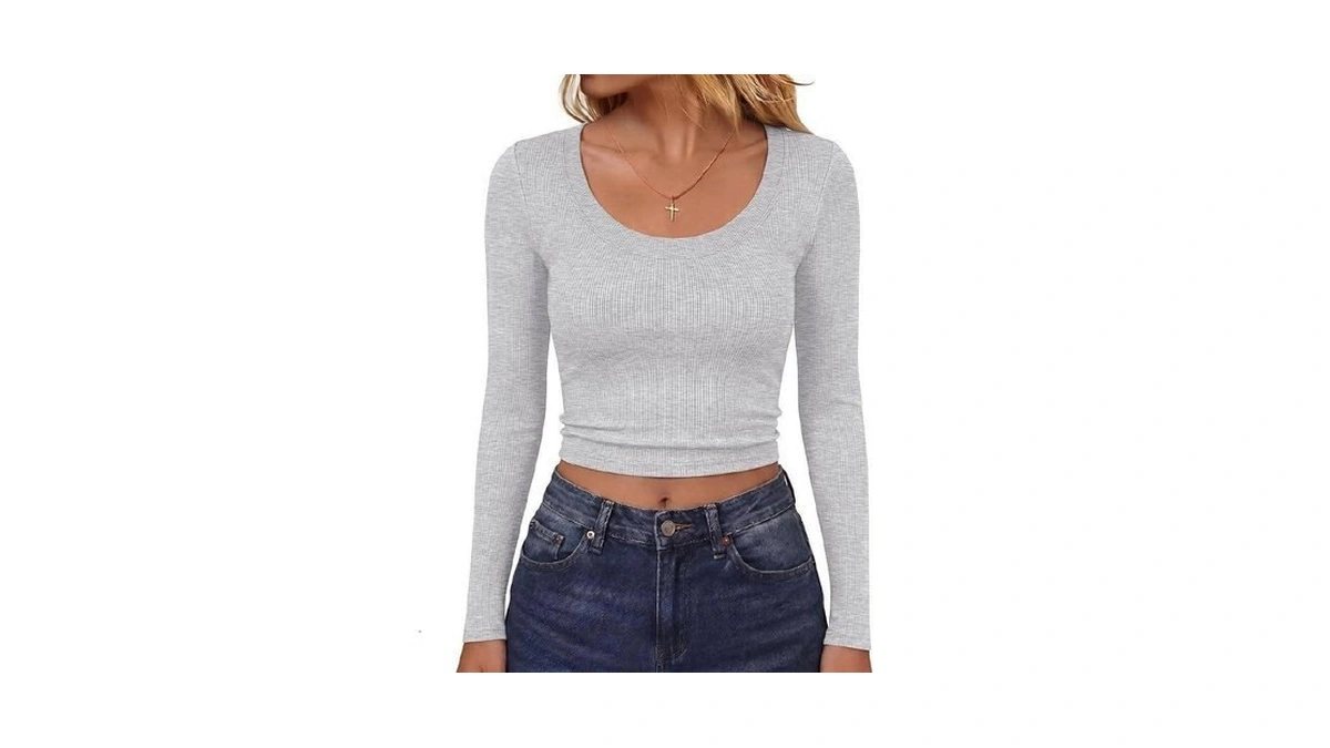 Anrabess Long Sleeve Crop Top For Women Scoop Neck Ribbed