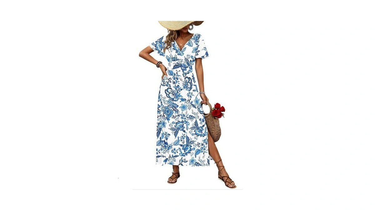 Auselily Maxi Dresses V Neck Flutter Sleeve Slit Summer Dress