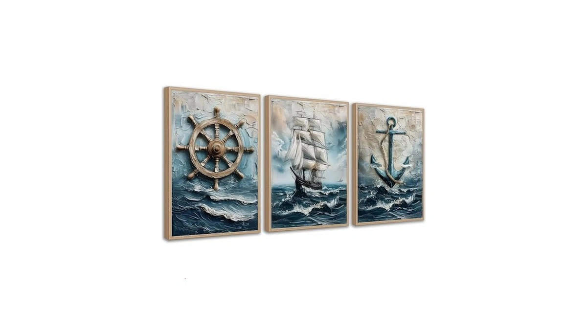 3pcs Vintage Nautical Canvas Wall Art Sailboat Rudder And Anchor