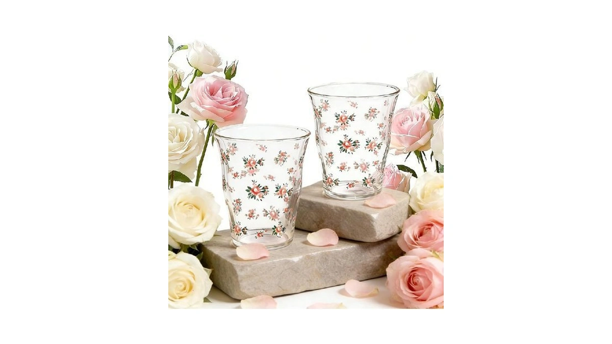 Weinning Beinny 2-pack Floral Glass Tea Cups, Pink Rose Glass
