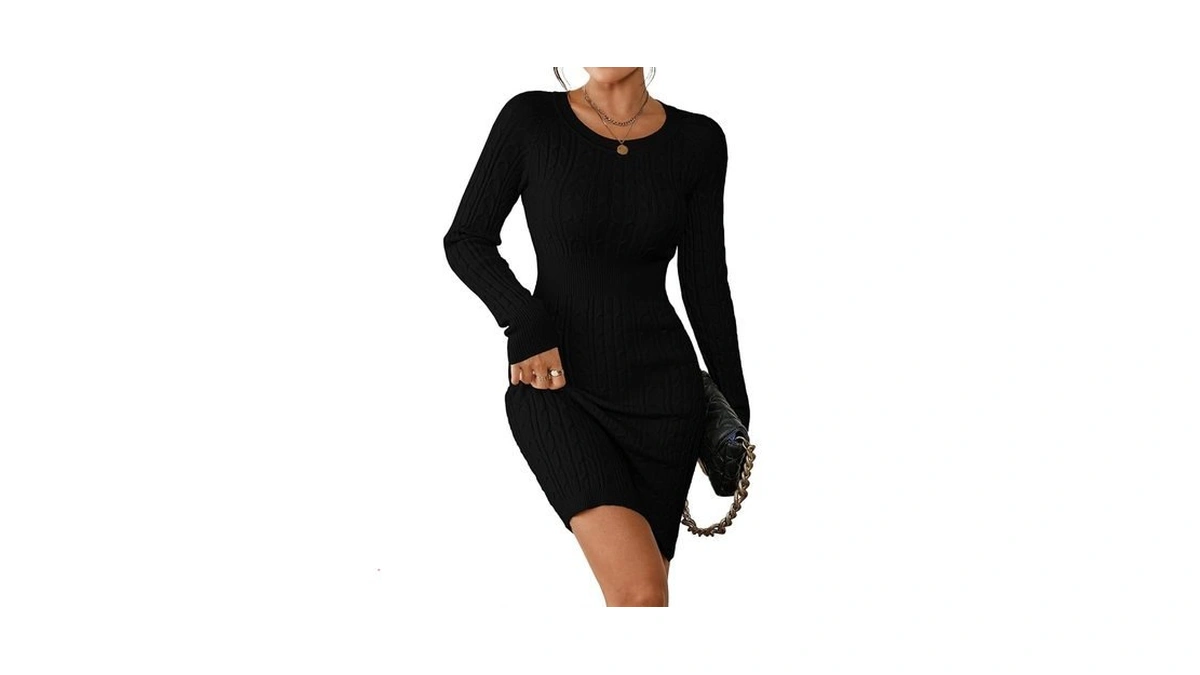 Pink Queen Women's Cable Knit Sweater Dress Long Sleeve Crewneck