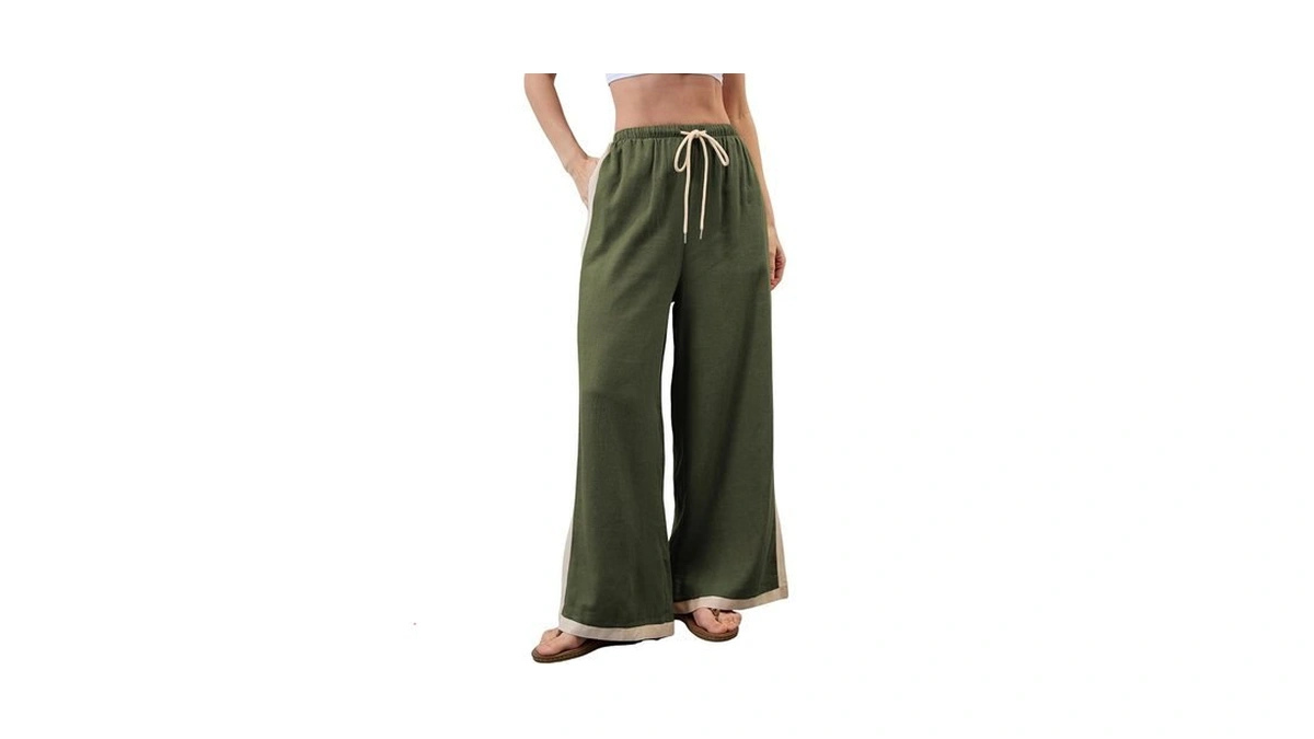 Lentta Womens Linen Wide Leg Pants Side Striped Palazzo Pants