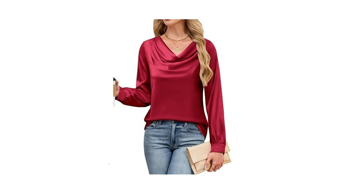 Blooming Jelly Womens Satin Blouse Cowl Neck Draped Silky Long
