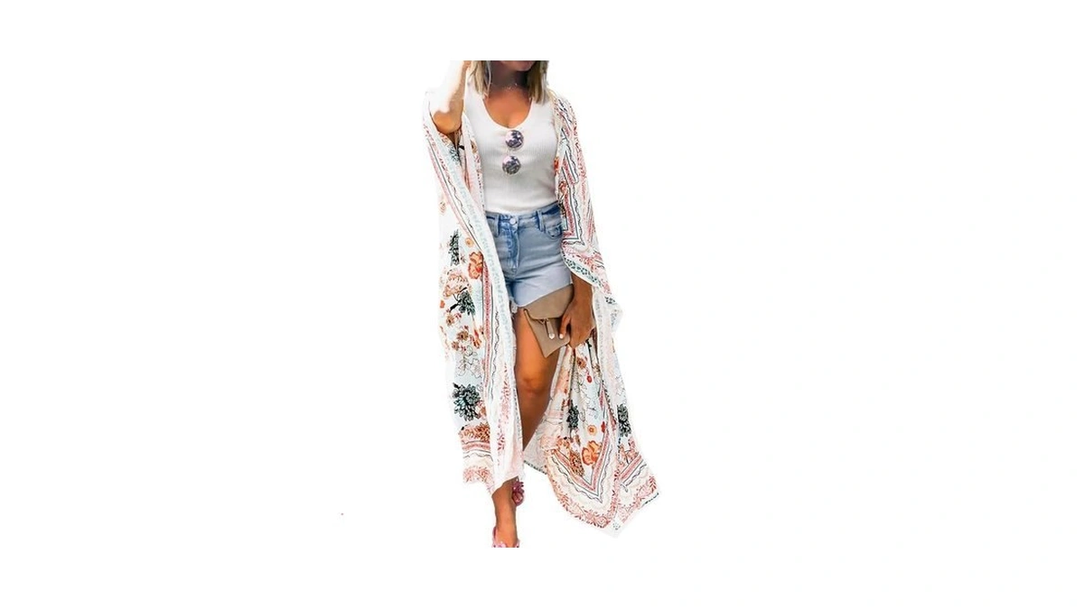 Women's Floral Chiffon Kimono Cardigan Long Flowy Beach Cover-ups Bikini