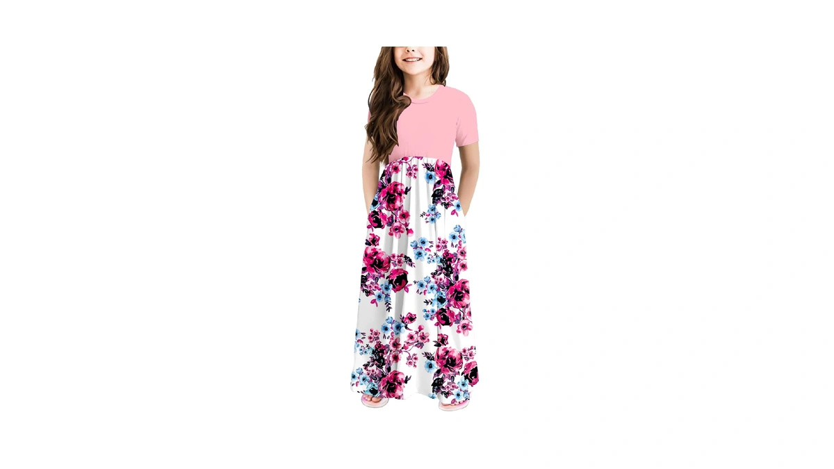 Storeofbaby Girls Floral Swing Maxi Dress Short Sleeve Pocket 12-13y
