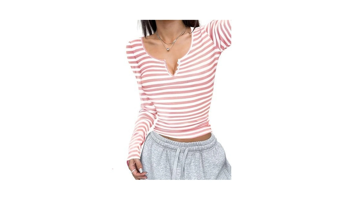 Dookttker Womens Slim Fit Striped Scoop Neck Cropped Tops Button