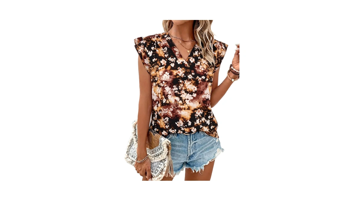 Ieeilulu Flutter Sleeve Tops For Women Casual V Neck Floral