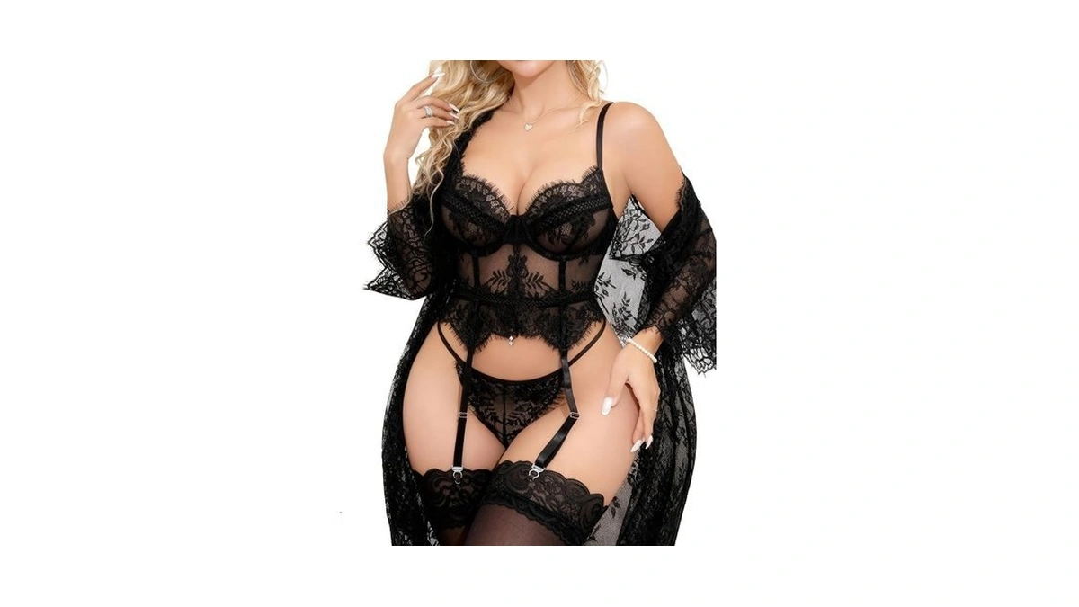 Chalovelo Lingerie Sets With Robe (black,3xl)