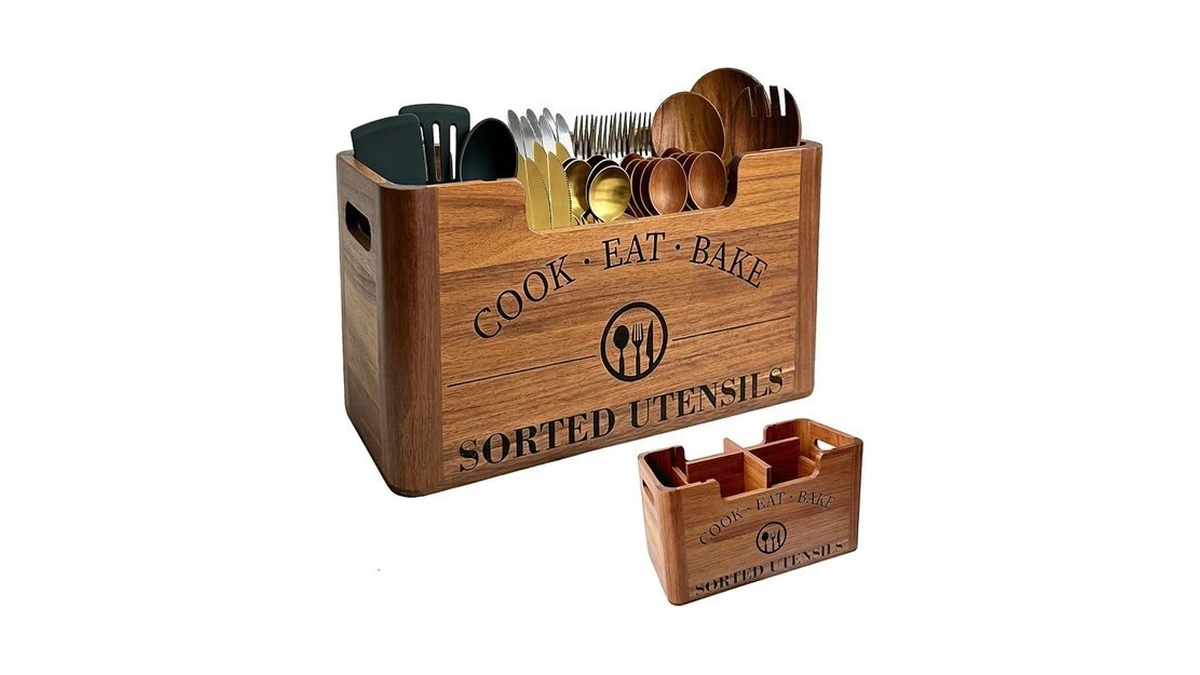 Ndnto Upgraded Acacia Wood Kitchen Utensil Holder, Large Farmhouse Countertop
