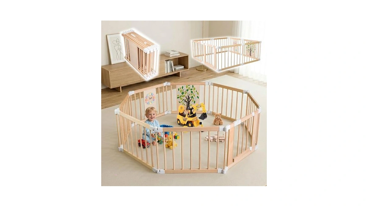 Foldable Wooden Baby Playpen With Locking Gate, Adjustable Baby Playard