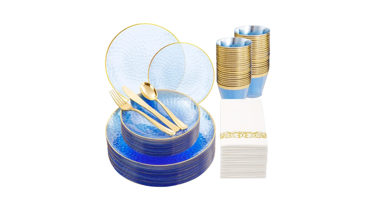 Dayammi 175pcs Clear Blue Gold Plastic Dinnerware Set For 25