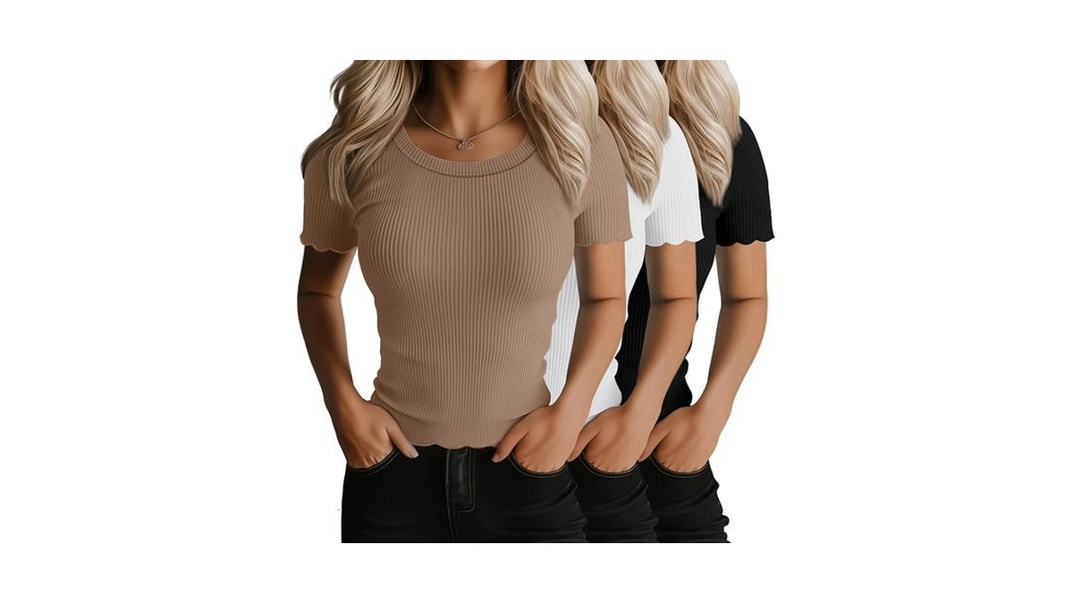 Huukeay 3 Pack Women's Ribbed Knit Crop Tops Lettuce Trim