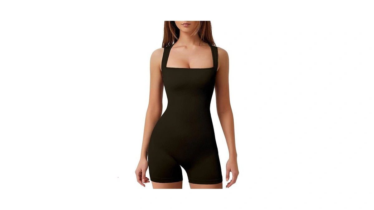 Yioioio Women's Workout Seamless Romper Yoga Ribbed Bodycon One Piece