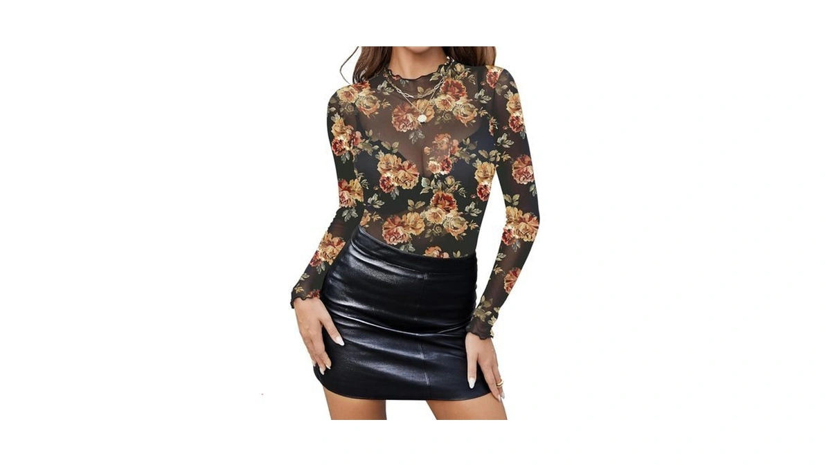 Zeagoo Women's Floral Mesh Long Sleeve Top Mock Neck Sheer