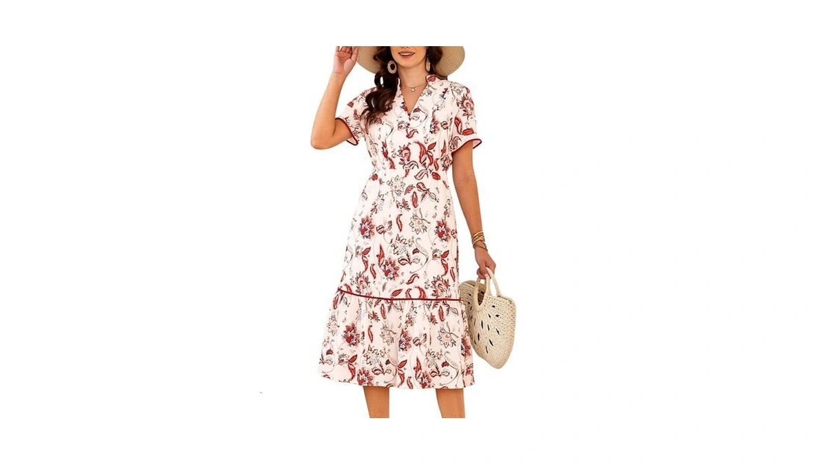 Ecowish Womens Summer Dresses 2026 Casual Puff Short Sleeve V