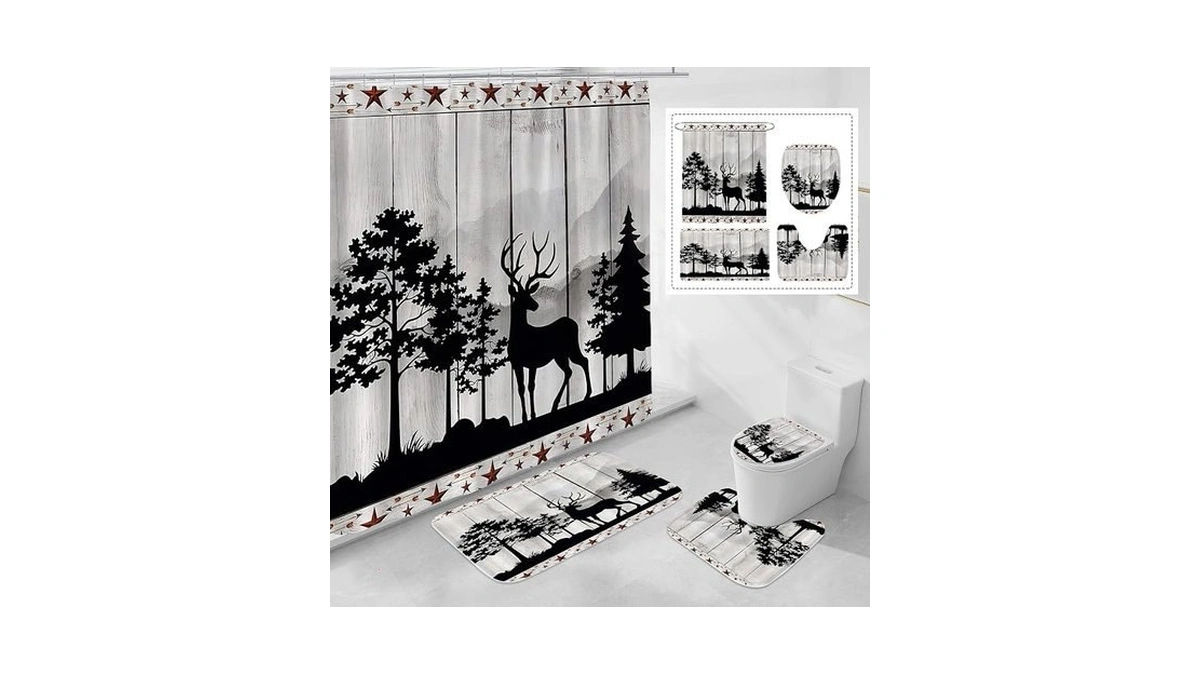 Litabel 4 Pcs Rustic Forest Deer Shower Curtain Set With