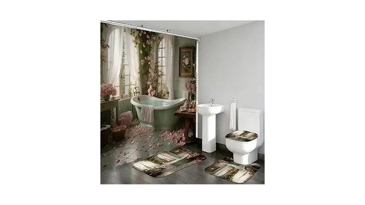 Ddqq 4pcs Vintage Turquoise Bathtub Shower Curtain Set, Pink Roses