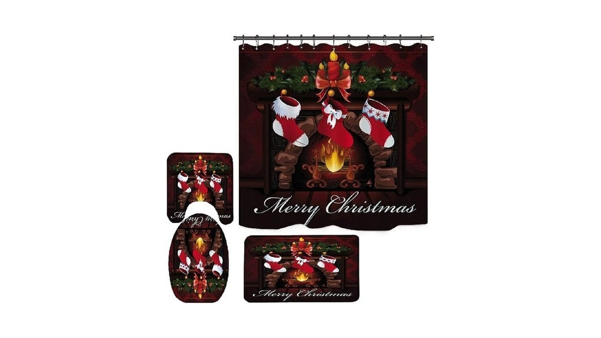 4pcs Christmas Black Santa Claus Shower Curtain Sets, Black Bathroom
