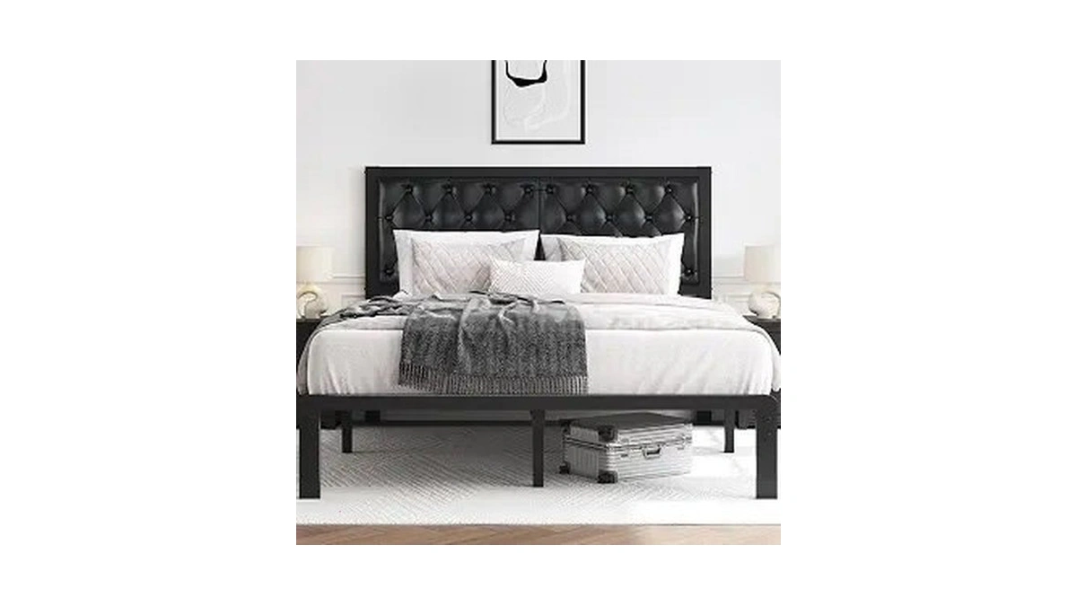 Hisoft Queen Bed Frame With Upholstered Button Tufted Headboard, Bed