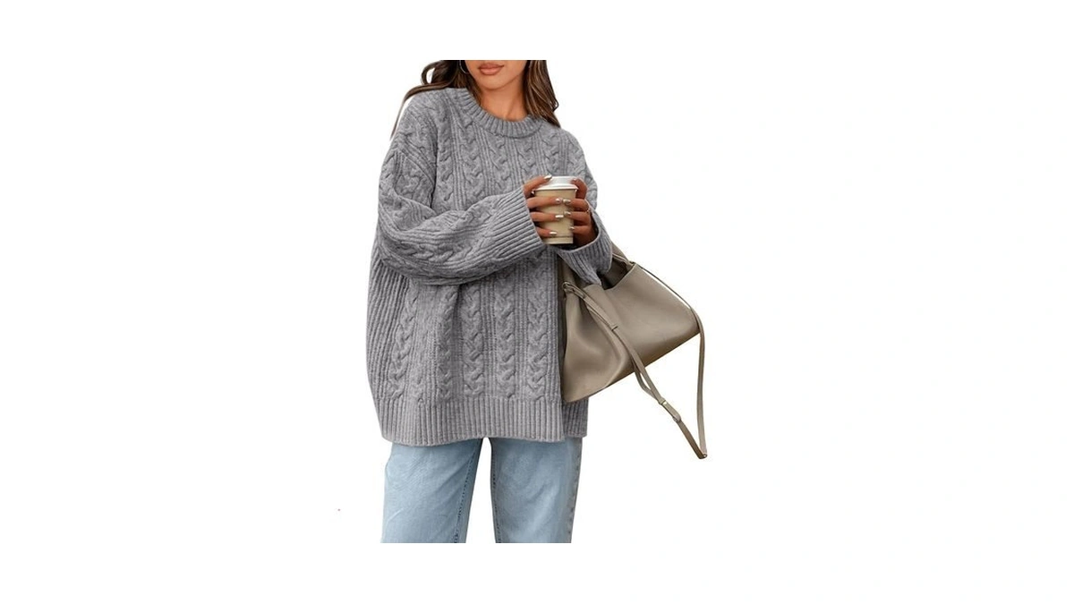 Okiwam Women's Oversized Sweaters Crewneck Cable Knit Pullover Casual Loose