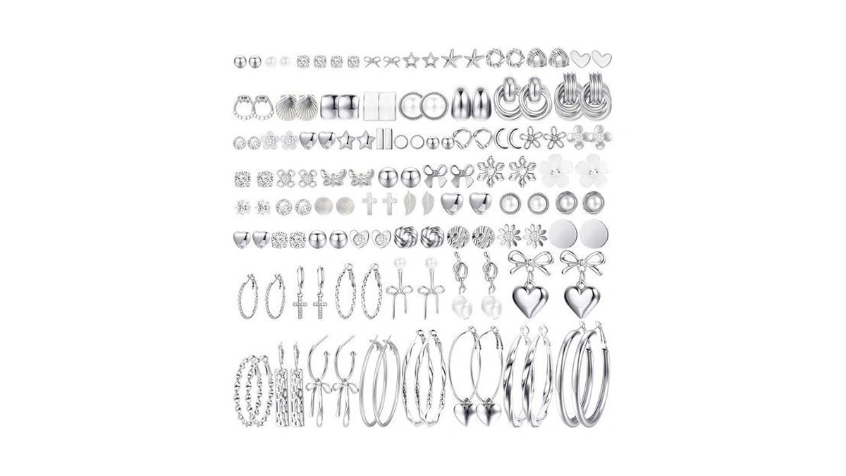 75 Pairs Silver Stud Earrings Set For Women, Trendy Hypoallergenic