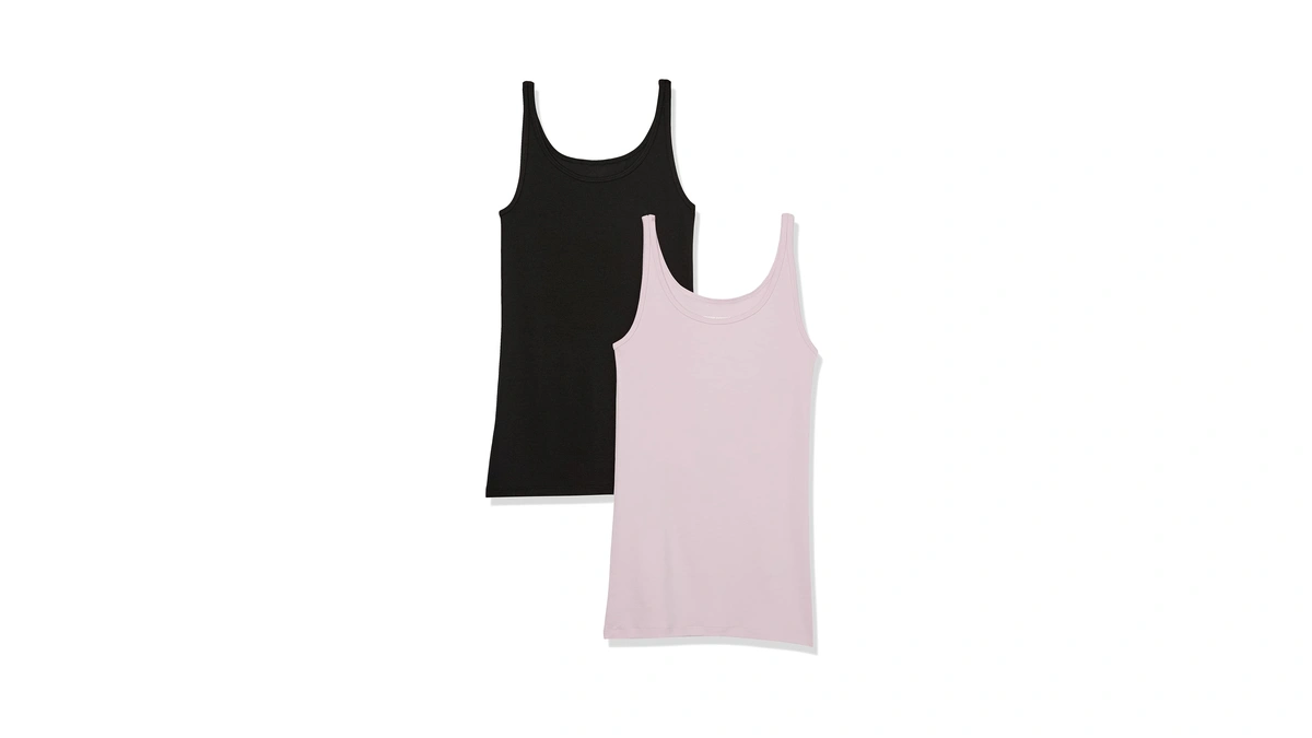 Amazon Essentials Women's 2-pack Slim-fit Thin Strap Tank Shirt, Black/lilac,