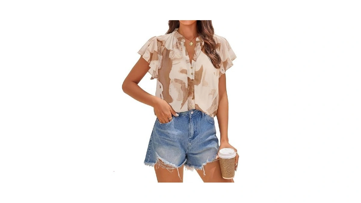 Zesica Women's Summer Floral Blouse 2026 Flutter Short Sleeve Botton