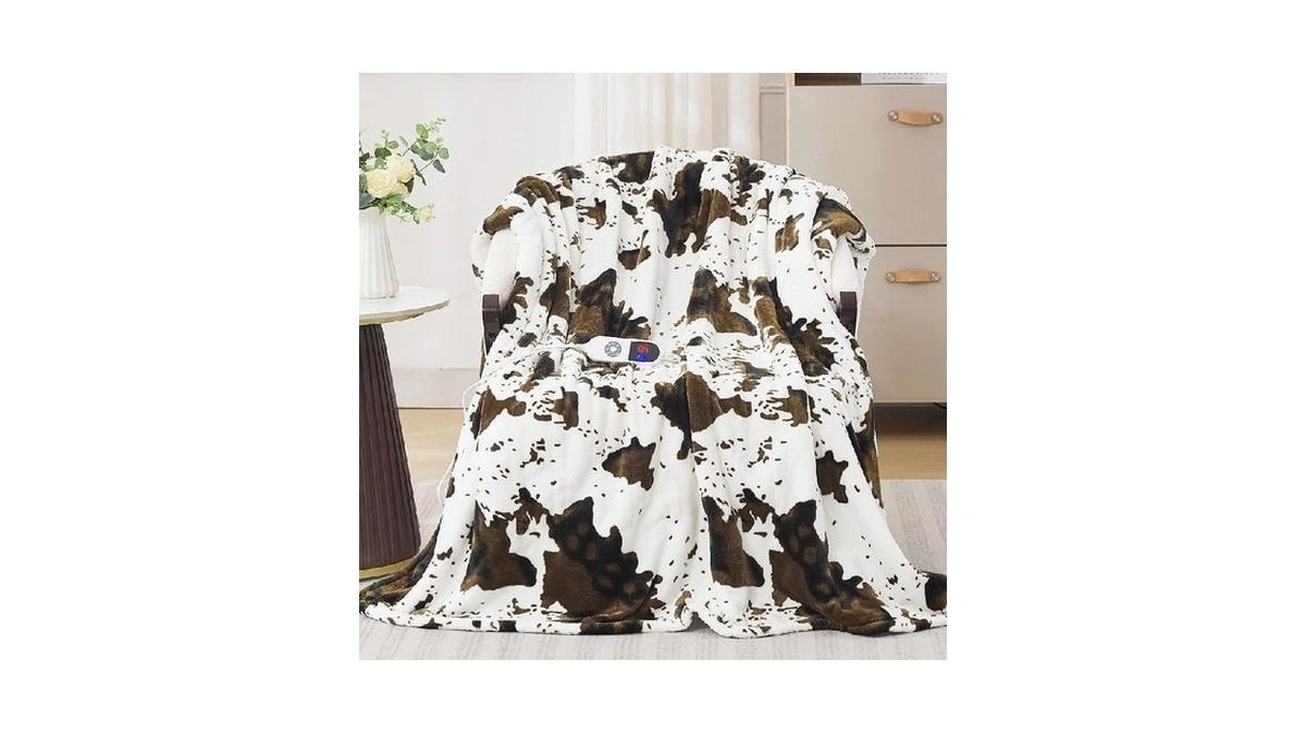Ptq Brown Cow Print Heated Throw Blanket, Electric Blanket With