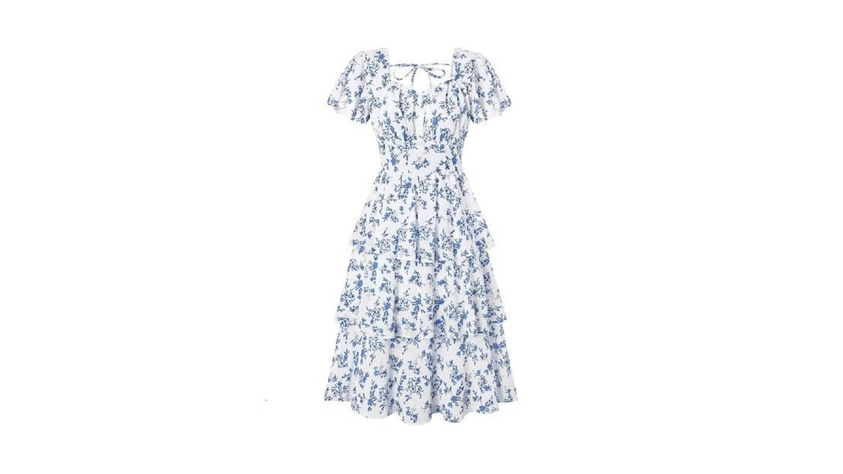 Vintage Blue Floral Cocktail Party Dress 1950s Square Neck Short