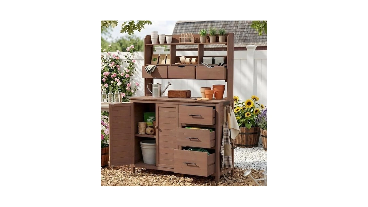 Gdfstudio Sollyn Outdoor Storage Bench Table With Cabinet, Patio Wooden