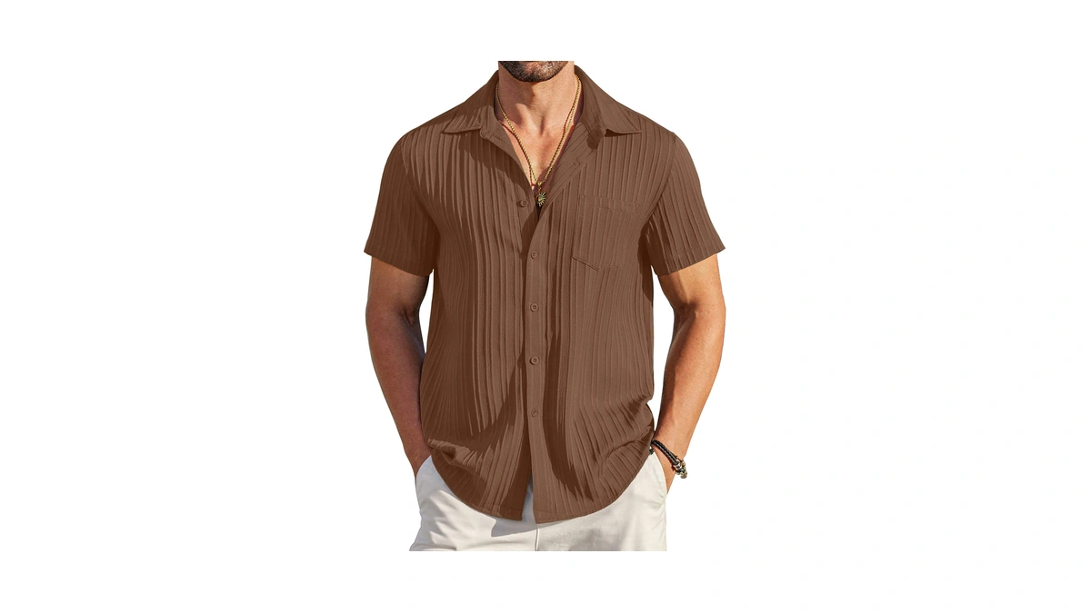 Coofandy Men's Casual Button Down Shirts Short Sleeve Textured Linen