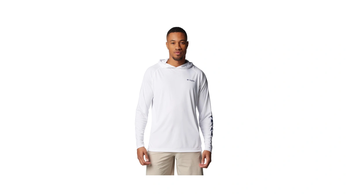 Columbia Mens Pfg Terminal Tackle Long Sleeve Fishing Hoodie, White/nightshade