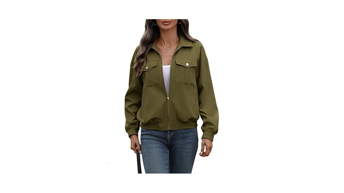 Amzangel Women's Cropped Zip Up Bomber Jacket Long Sleeve Collar