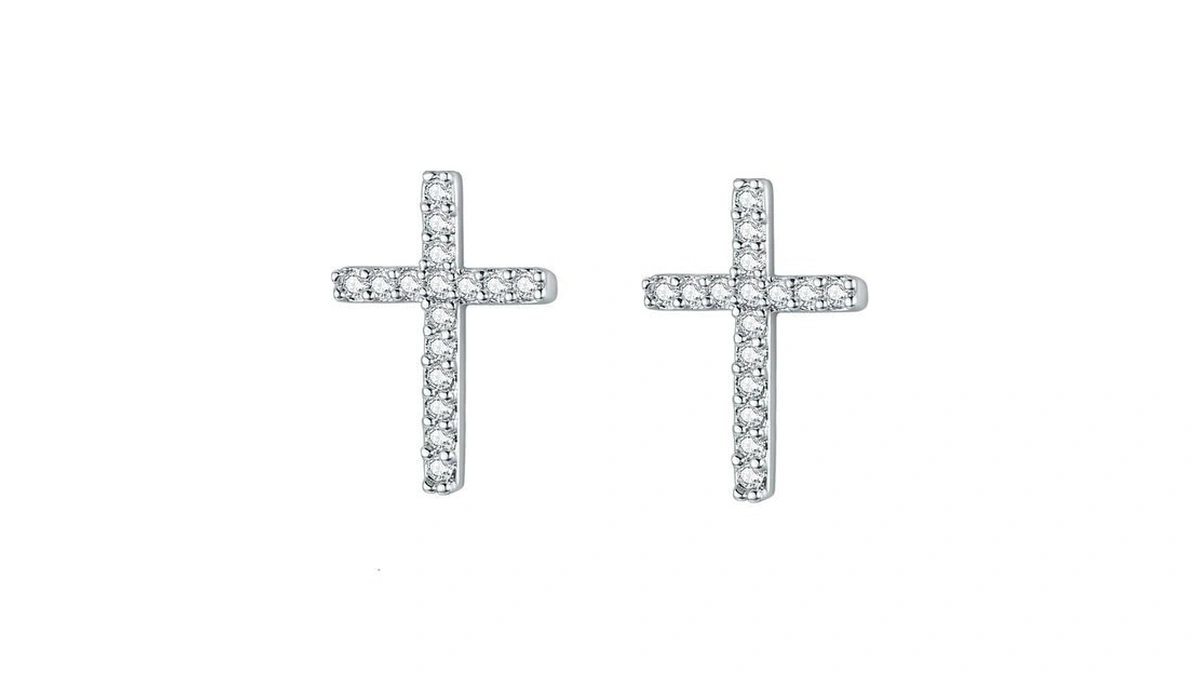 Silver Stud Earrings, 18k Gold Plated Cubic Zirconia Small Cross